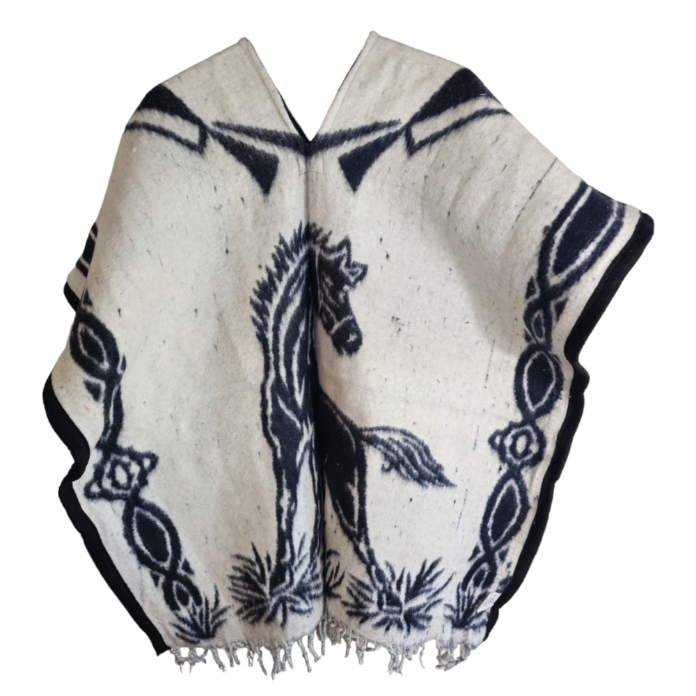 Authentic Mexican Poncho Cobija Gaban Blanket -Black & White